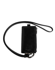Dolce & Gabbana Black Leather Logo Embossed Lanyard Card Holder Wallet
