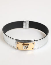 Dolce & Gabbana Silver Textured Leather Gold Tone Metal Neckband