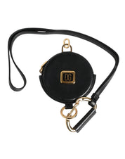 Black Round Leather DG Logo Coin Purse Lanyard Wallet