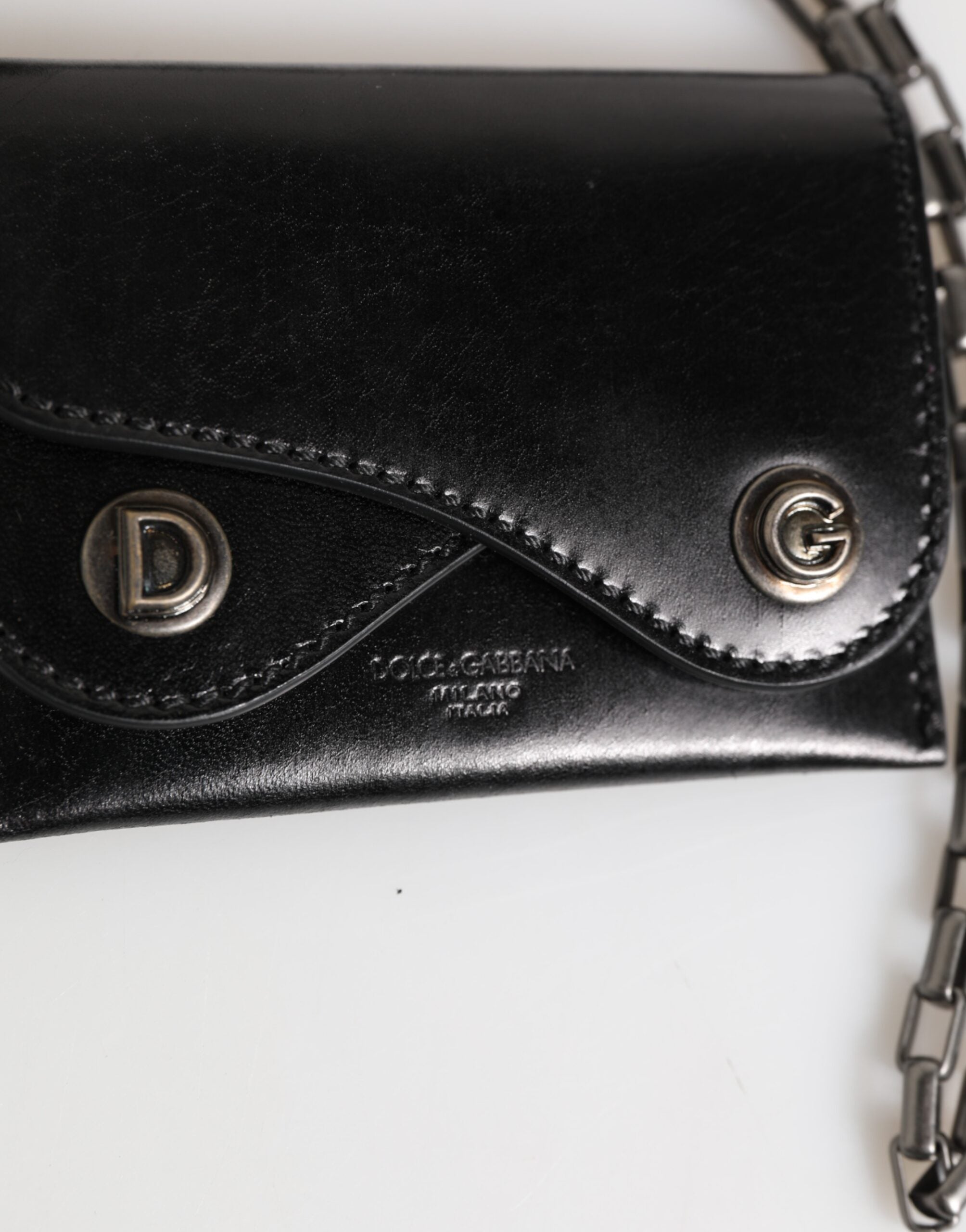 Dolce & Gabbana Black Cavallo Leather Wallet Chain Snap Bifold Card Holder Dolce & Gabbana