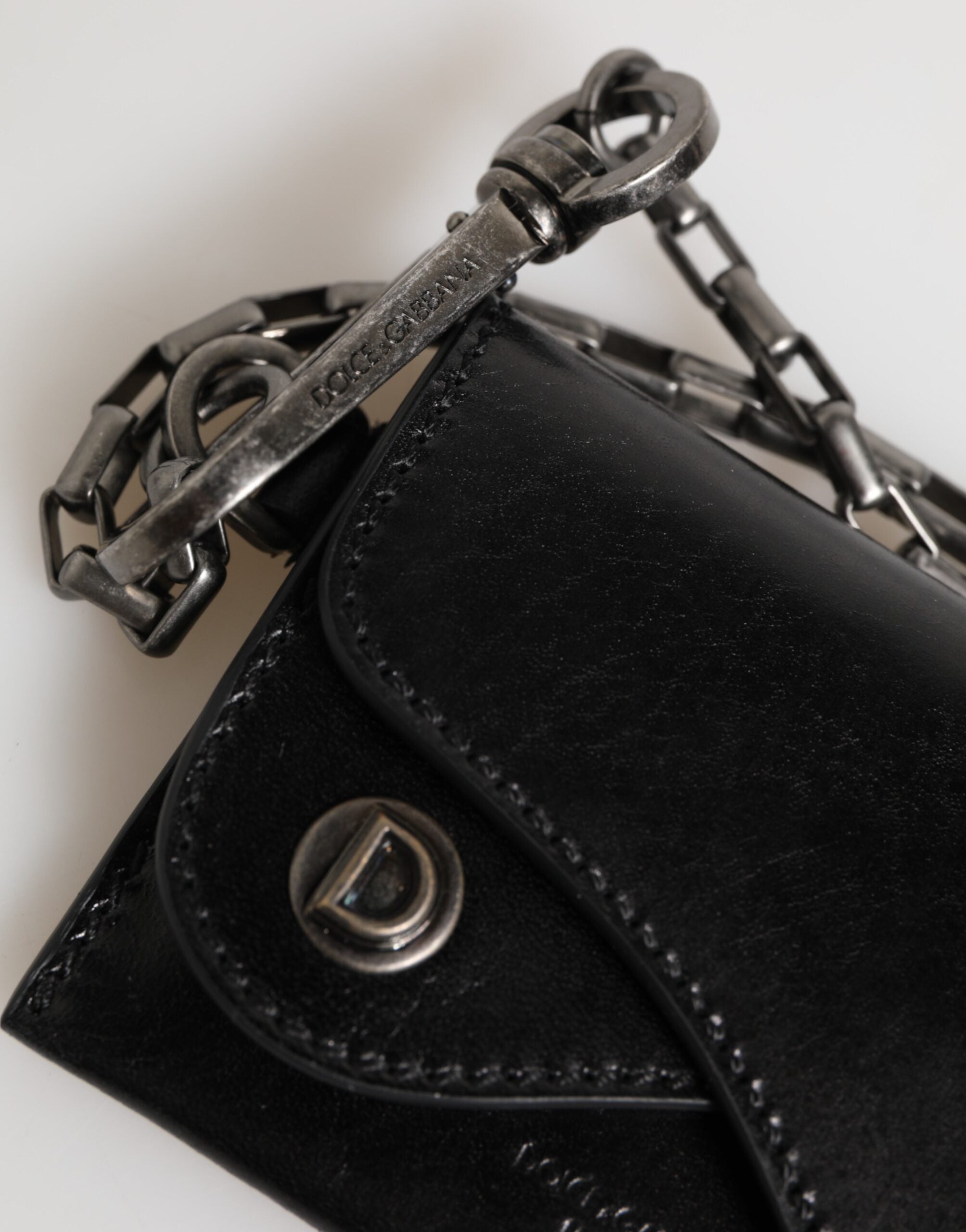 Dolce & Gabbana Black Cavallo Leather Wallet Chain Snap Bifold Card Holder Dolce & Gabbana