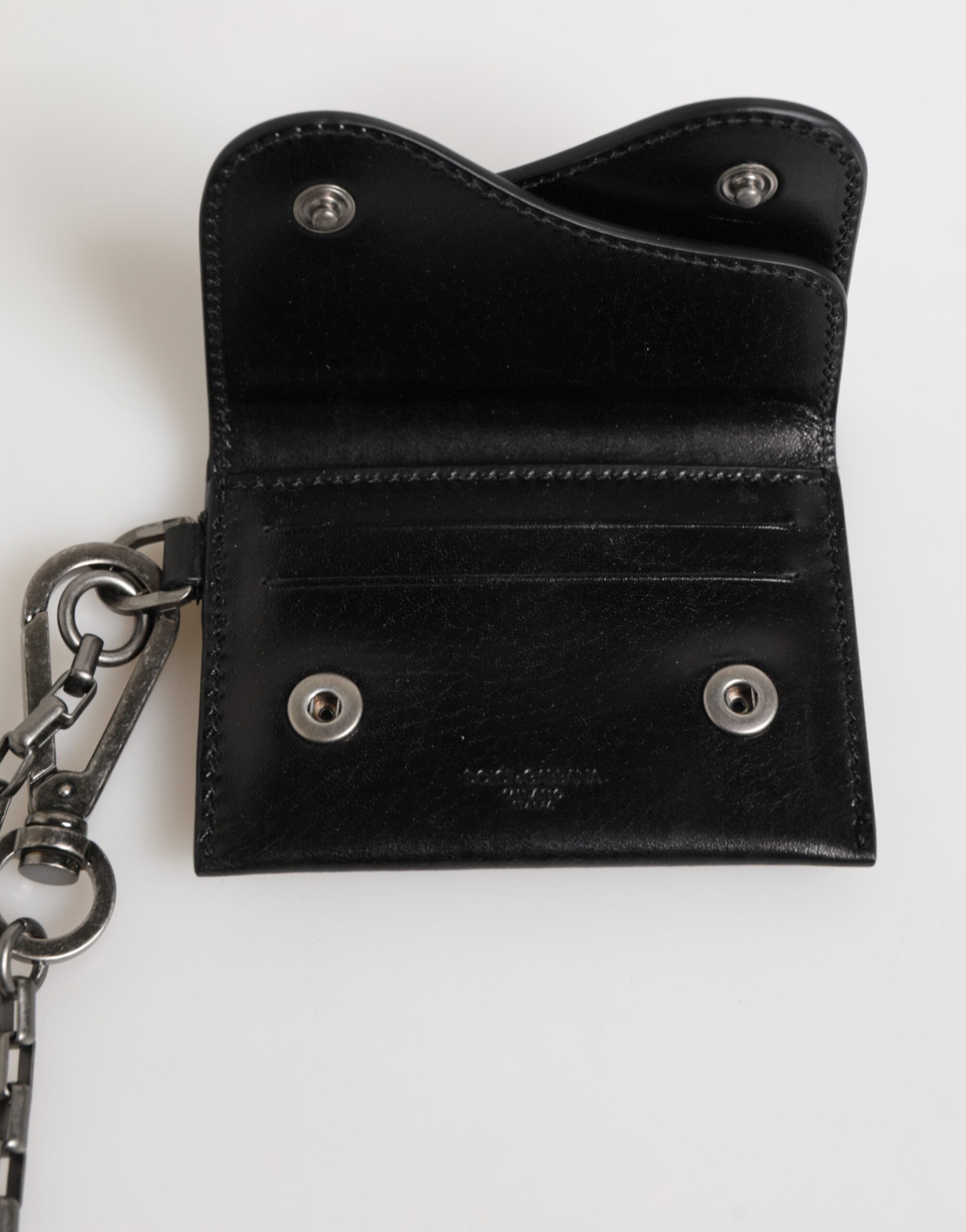 Dolce & Gabbana Black Cavallo Leather Wallet Chain Snap Bifold Card Holder Dolce & Gabbana