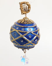 Gold Brass Blue Christmas Ball Crystal Drop Clip On Earrings