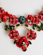 Red Rose Floral Crystal Embellished Statement Jewelry Necklace