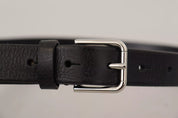 Calf Leather Silver Tone Black Metal Buckle Belt