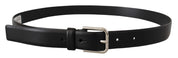 Black Calf Leather Silver Tone Logo Buckle Belt