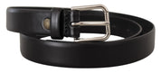 Dolce & Gabbana Black Calf Leather Silver Tone Logo Buckle Belt