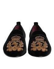Black Velvet Gold Crown Mens Loafers Shoes