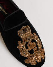 Black Velvet Gold Crown Mens Loafers Shoes