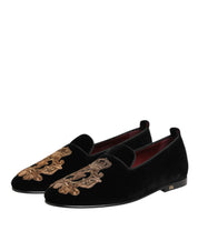 Black Velvet Gold Crown Mens Loafers Shoes