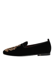 Black Velvet Gold Crown Mens Loafers Shoes