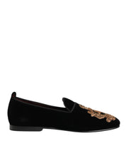 Black Velvet Gold Crown Mens Loafers Shoes