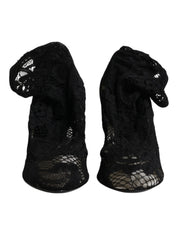 Black Lace Stretch Heels Mid Calf Boots Shoes