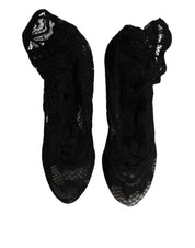 Black Lace Stretch Heels Mid Calf Boots Shoes