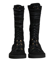 Black Alpaca Wool Suede Mid Calf Boots Shoes