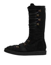 Black Alpaca Wool Suede Mid Calf Boots Shoes