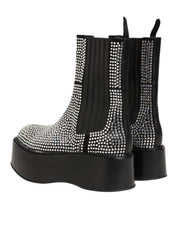 Black Crystal Strass Mid Calf Short Boots  Shoes