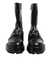 Black Logo Plaque Mid Calf Biker Boots Shoes