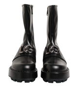 Black Logo Plaque Mid Calf Biker Boots Shoes