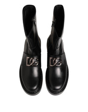 Black Logo Plaque Mid Calf Biker Boots Shoes