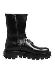Black Logo Plaque Mid Calf Biker Boots Shoes
