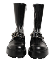 Black Logo Plaque Mid Calf Biker Boots Shoes
