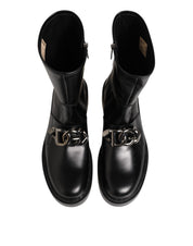 Black Logo Plaque Mid Calf Biker Boots Shoes