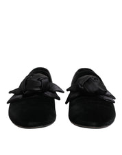 Black Suede Cotton Rose Slip On Loafers Shoes
