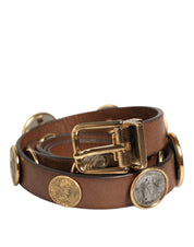 Brown Leather Gold Silver Coin Buckle Belt