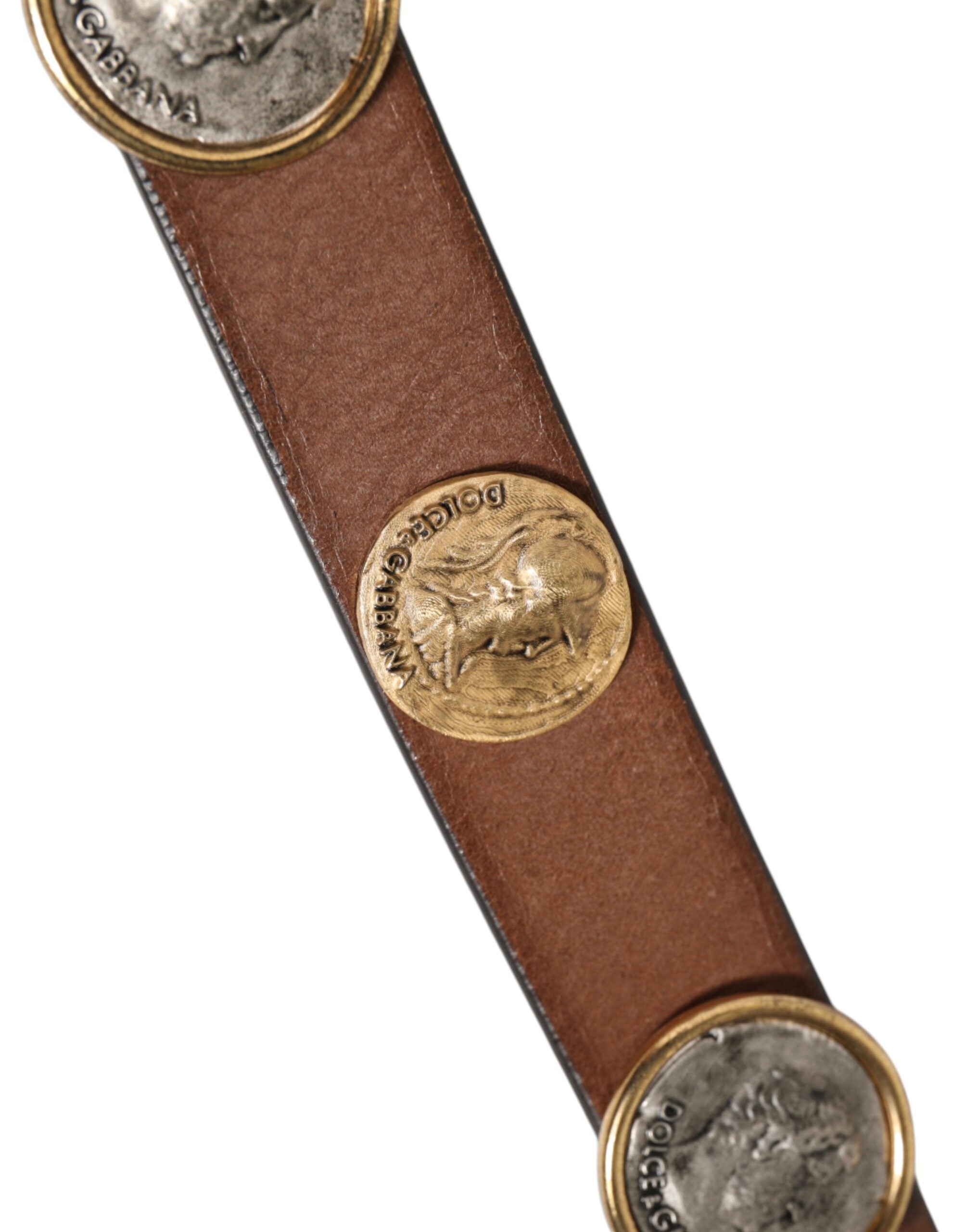 Brown Leather Gold Silver Coin Buckle Belt