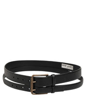 Black Double Strap Leather Brass Buckle Belt