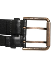 Black Double Strap Leather Brass Buckle Belt