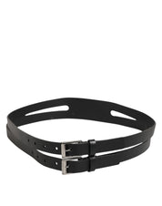 Black Double Strap Leather Silver Buckle Belt
