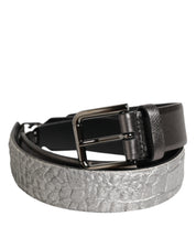 Black Silver Pebbled Texture Leather Buckle Men Belt