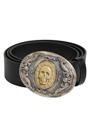 Black Leather Ornate Metal Buckle Men Belt