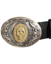 Black Leather Ornate Metal Buckle Men Belt