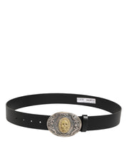 Black Leather Ornate Metal Buckle Men Belt