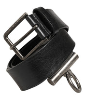 Black Leather Side Rings Brass Buckle Belt