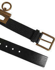 Black Leather Side Rings Brass Buckle Belt