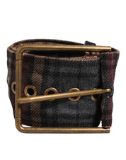 Plaid Fabric Logo Plate Brass Buckle Belt