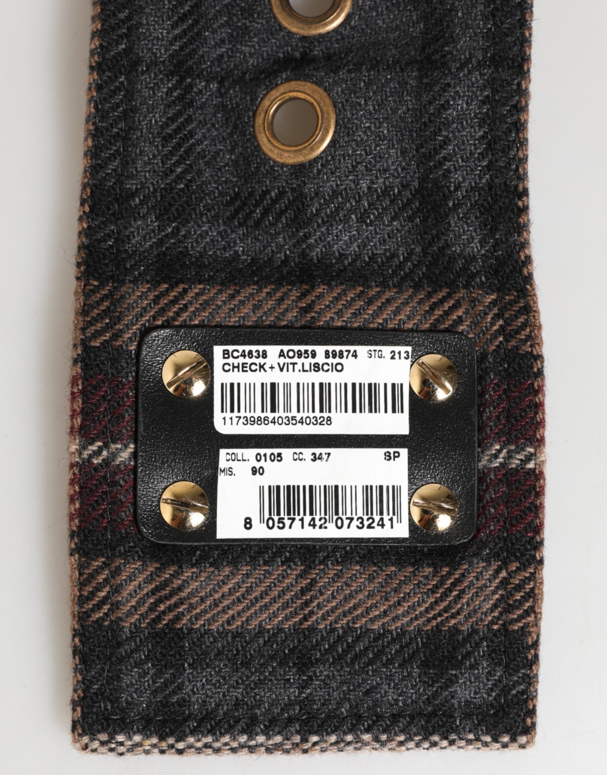 Plaid Fabric Logo Plate Brass Buckle Belt