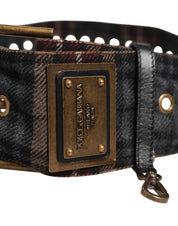 Plaid Fabric Logo Plate Brass Buckle Belt