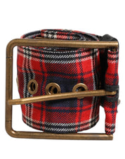 Red Plaid Fabric Logo Plate Brass Buckle Belt