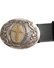 Black Leather Ornate Metal Buckle Men Belt