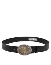 Black Leather Ornate Metal Buckle Men Belt