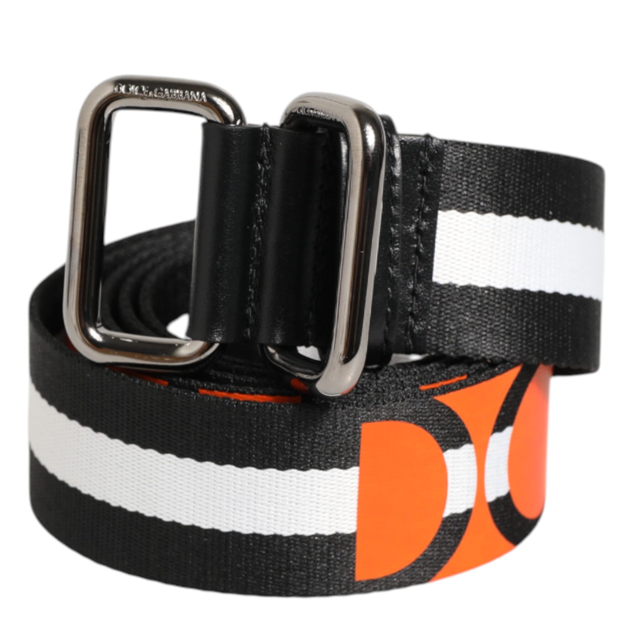 Dolce & Gabbana Black White Striped Logo Metal Buckle Belt Dolce & Gabbana