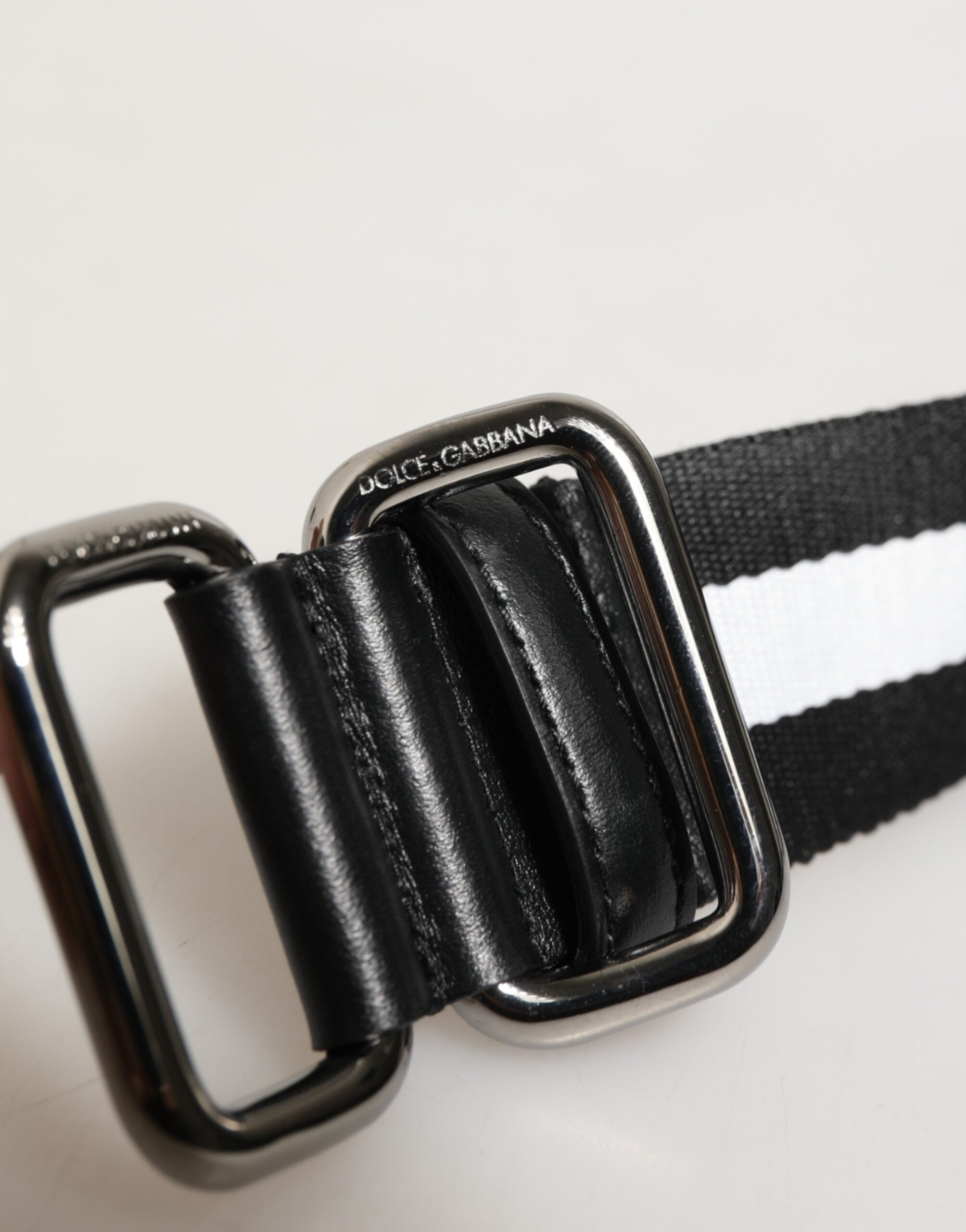 Dolce & Gabbana Black White Striped Logo Metal Buckle Belt Dolce & Gabbana