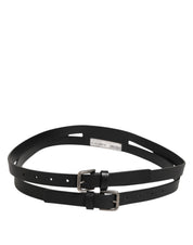 Black Double Strap Leather Gold Buckle Belt