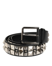 Dolce & Gabbana Black Calf Leather Studded Silver Buckle Belt Dolce & Gabbana