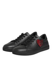 Black Leather Crystal Heart Sneakers  Shoes